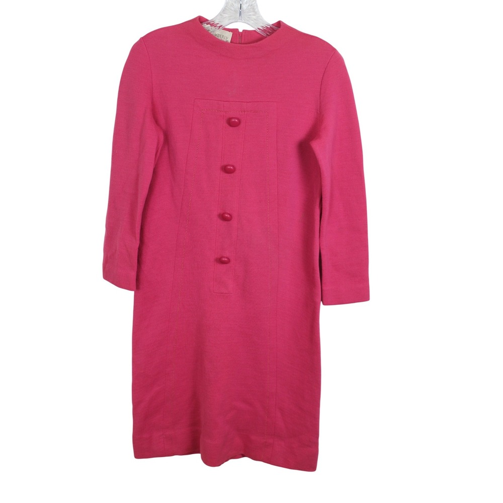 Vintage Kimberly Pink Wool Knit Dress Long Sleeve Mod Shift ILGWU Made in USA